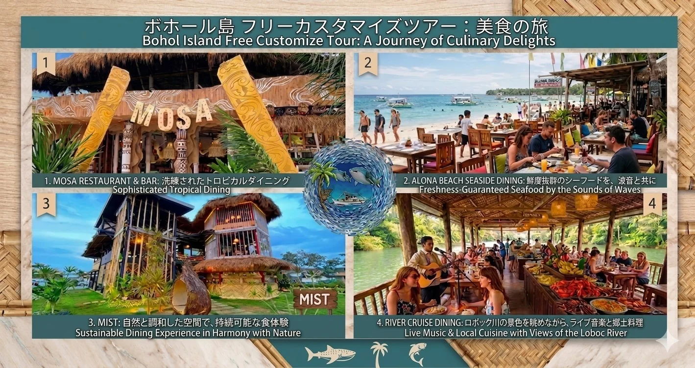 ボホール島レストランコラージュ・MOSA・アロナビーチ・MIST・ロボックリバークルーズ