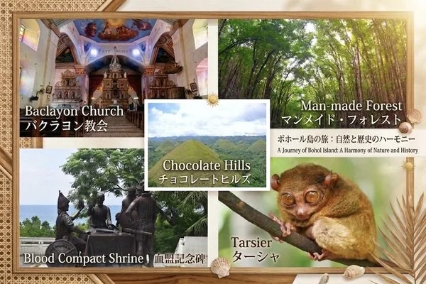 ボホール島観光地コラージュ・チョコレートヒルズ・ターシャ・バクラヨン教会・マンメイドフォレスト・血盟記念碑