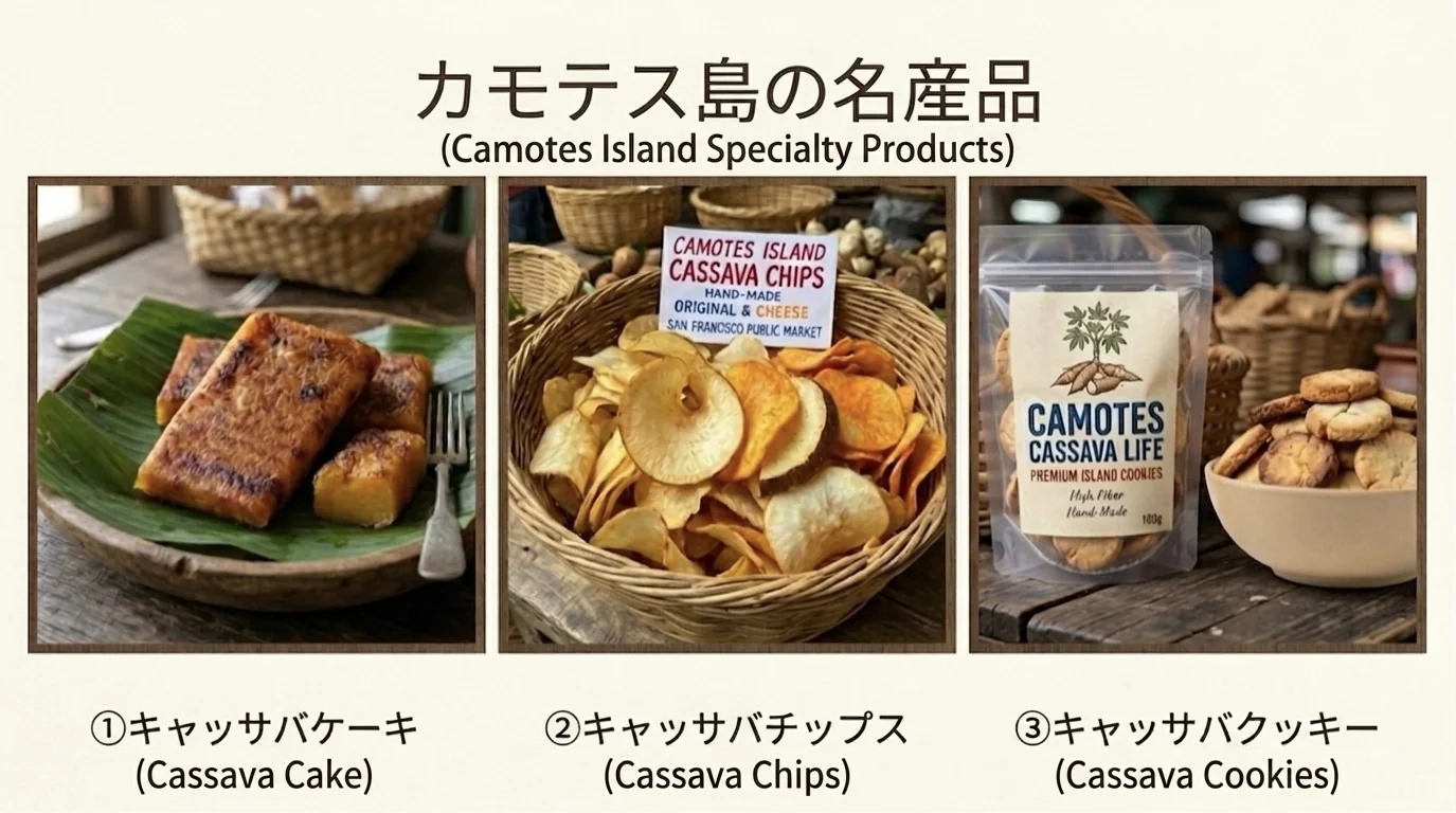 カモテス島の名産品・キャッサバケーキ・チップス・クッキー