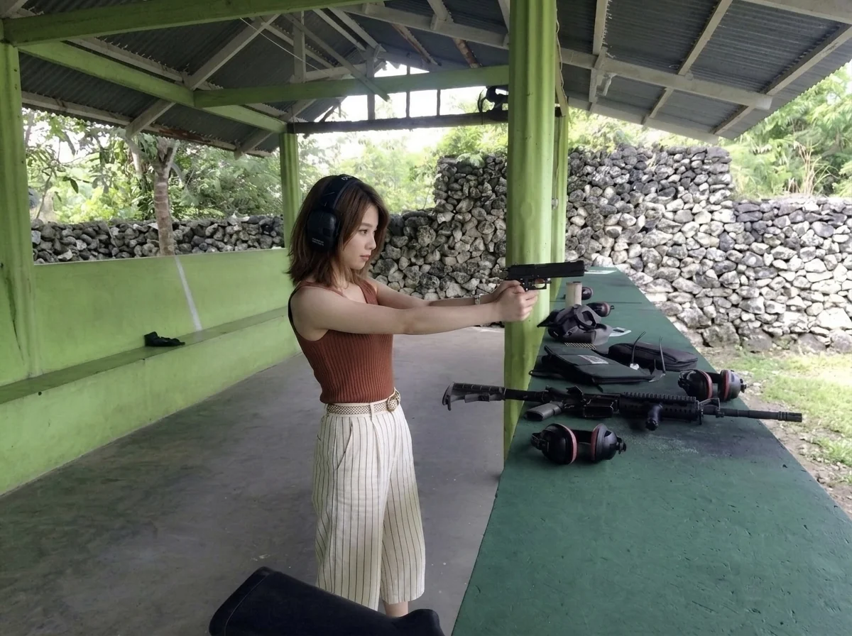 セブ島 実弾射撃 ハンドガン 女性シューター 屋根付き射撃場 構え 発射の瞬間